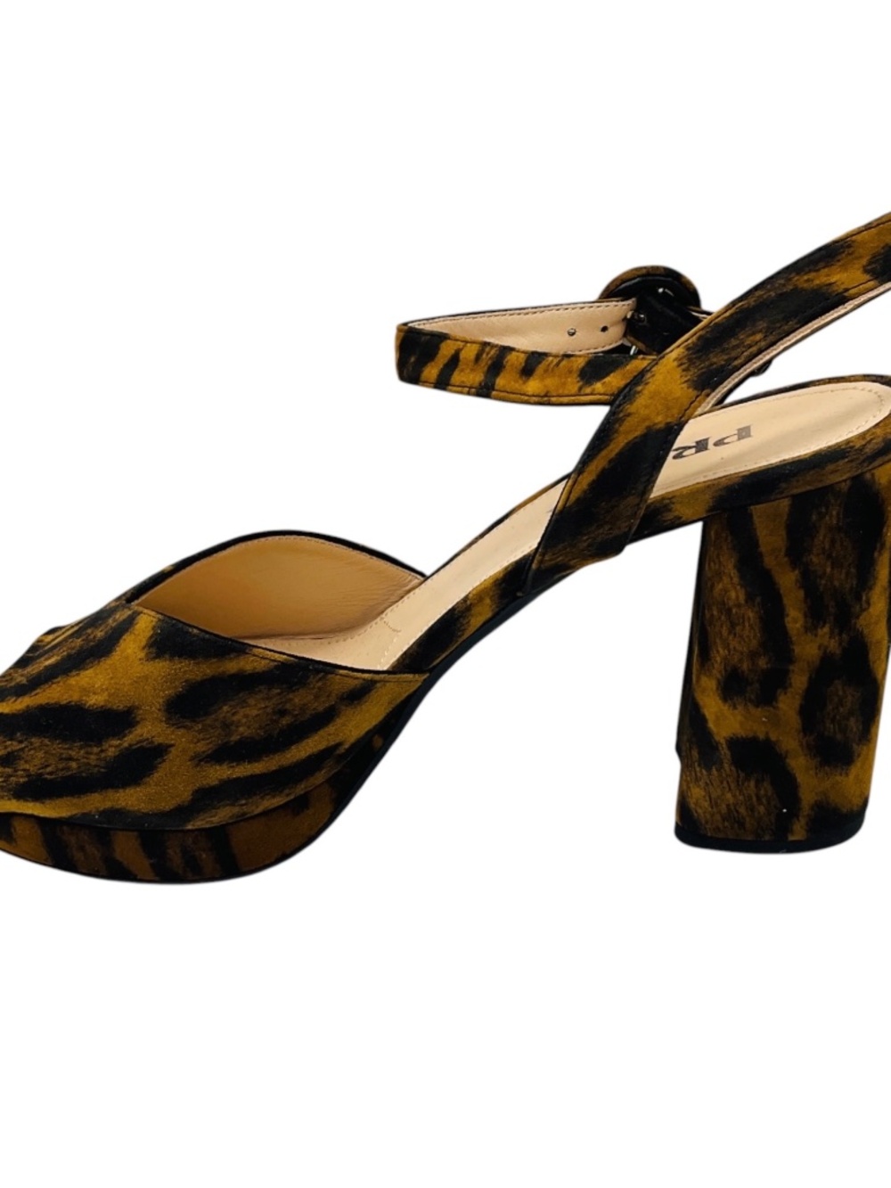 PRADA LIGHT BROWN / BLACK ANIMAL PRINT CHUNKY HEEL SUEDE PLATFORM SANDALS - Picture 3 of 8